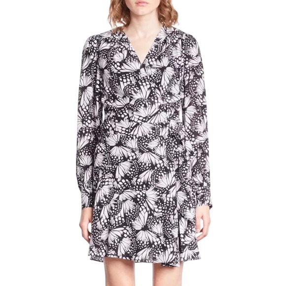 The Kooples Dress Size 8 Black White Floral‎ Butterfly Print Long Sleeve Mini - Picture 14 of 15